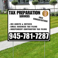 Tax Preparation Services - IRS Audits & Notices, Small Business Tax Filing, Independent Contractor Tax Filing - Plain Black White Design YardSigns.com