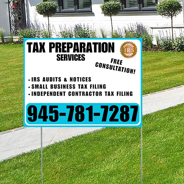 Tax Preparation Services - IRS Audits & Notices, Small Business Tax Filing, Independent Contractor Tax Filing - Plain Aqua Blue White Design - YardSigns.com