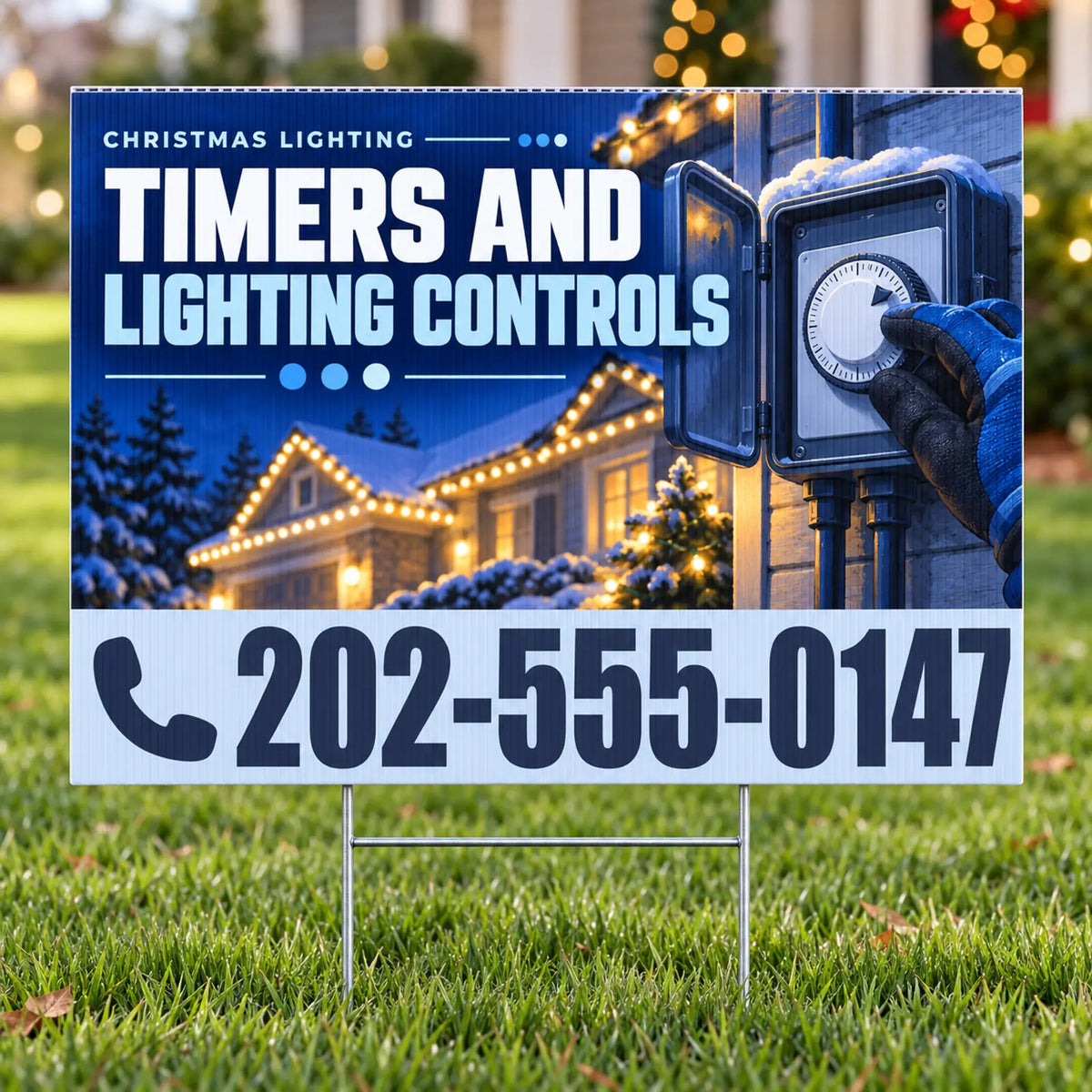 Holiday Signs - Christmas Lights Installation - Timers and Lighting Controls Yard Sign - Indigo & Ice - 24 x 18