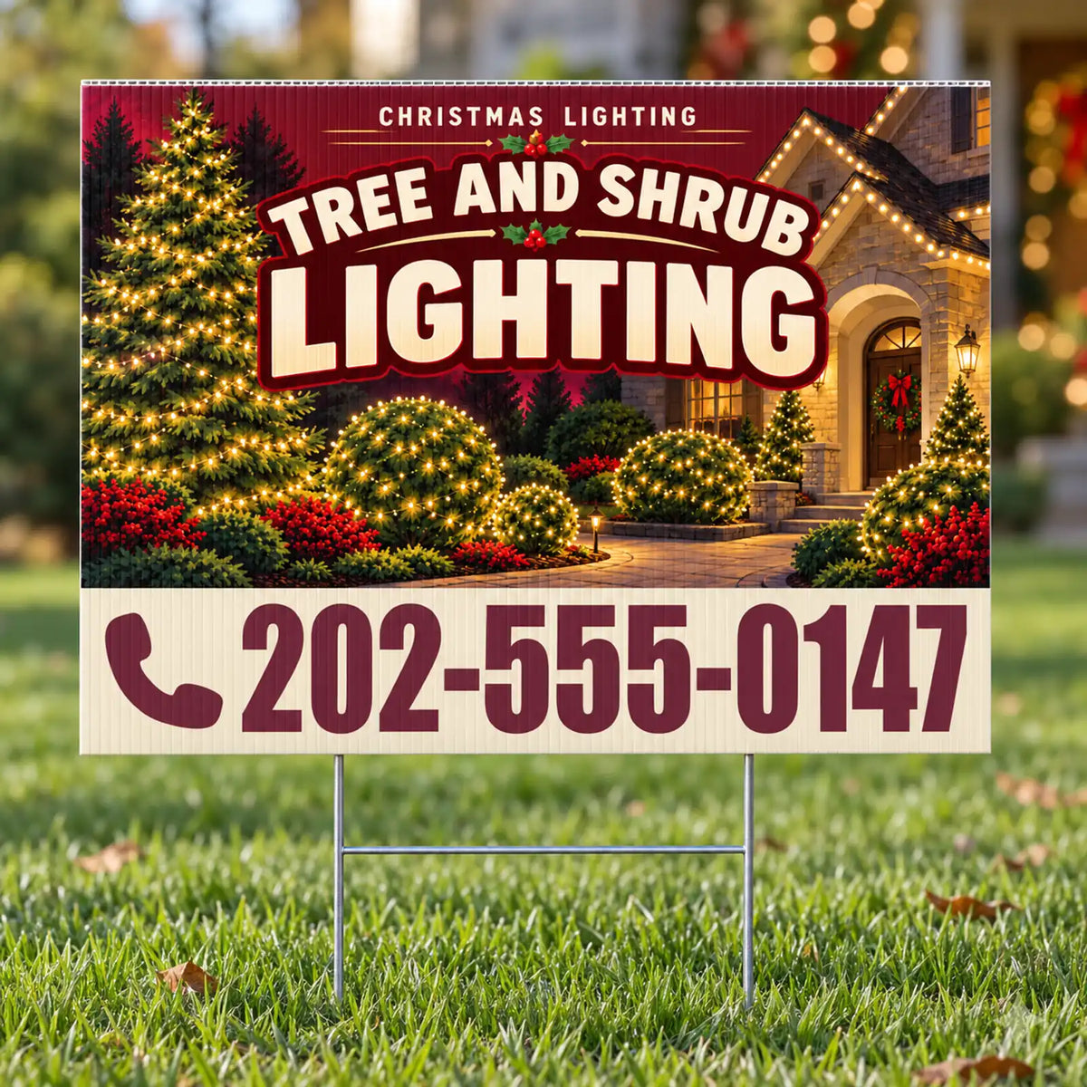 Holiday Signs - Christmas Lights Installation - Tree and Shrub Lighting Yard Sign - Burgundy & Ivory - 24 x 18
