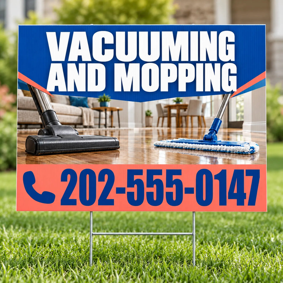 Cleaners/Maids Signs - Vacuuming and Mopping Yard Sign - Cobalt & Coral - 24 x 18 YardSigns.com