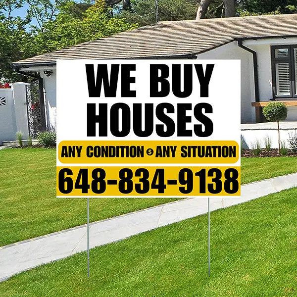 Real Estate - We Buy Houses - Any Condition - Plain White Mustard Gold Design YardSigns.com