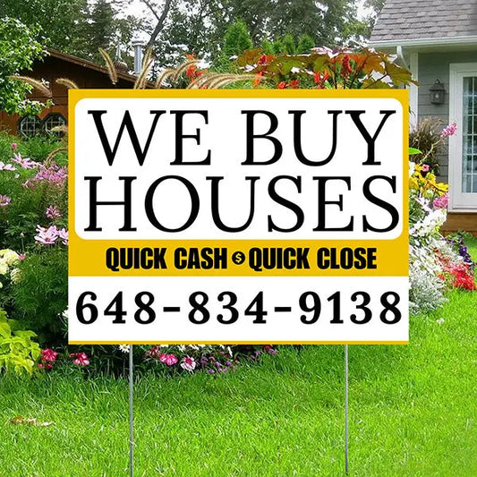 Real Estate - We Buy Houses - Quick Cash Quick Close - Plain White Mustard Gold Design YardSigns.com