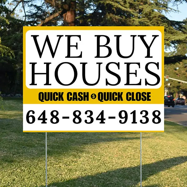 Real Estate - We Buy Houses - Quick Cash Quick Close - Plain White Mustard Gold Design YardSigns.com