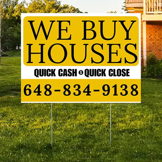 Real Estate - We Buy Houses - Quick Cash Quick Close - Plain Mustard Gold White Design YardSigns.com