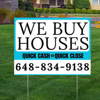 Real Estate - We Buy Houses - Quick Cash Quick Close - Plain White Aqua Blue Design YardSigns.com
