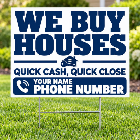 Real Estate - We Buy Houses - Quick Cash Quick Close - White Navy YardSigns.com