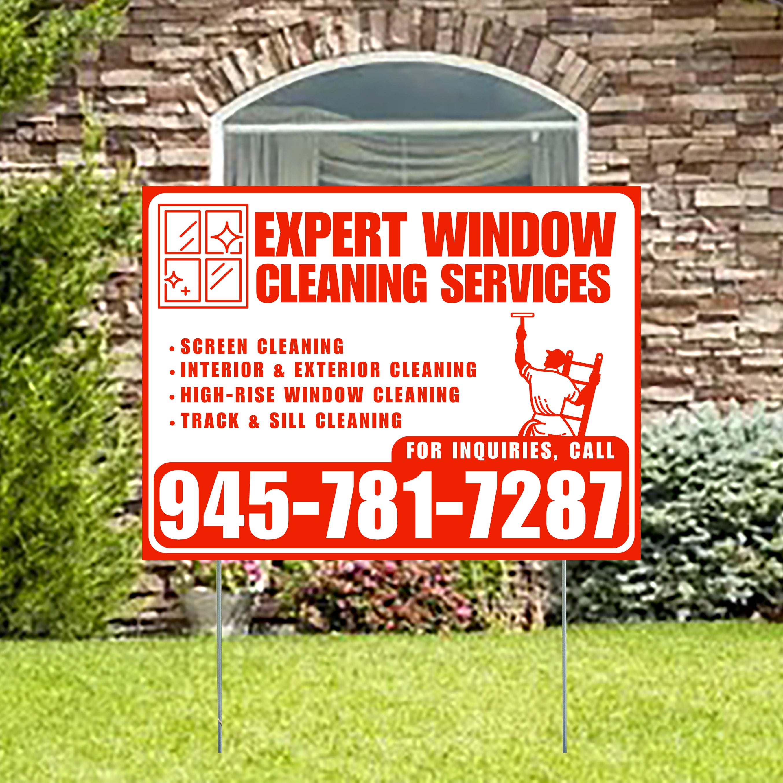 Expert Window Cleaning Services - Screen Cleaning, Interior & Exterior Cleaning, High-Rise Window Cleaning, Track & Sill Cleaning - Plain Chili Red White Design - YardSigns.com
