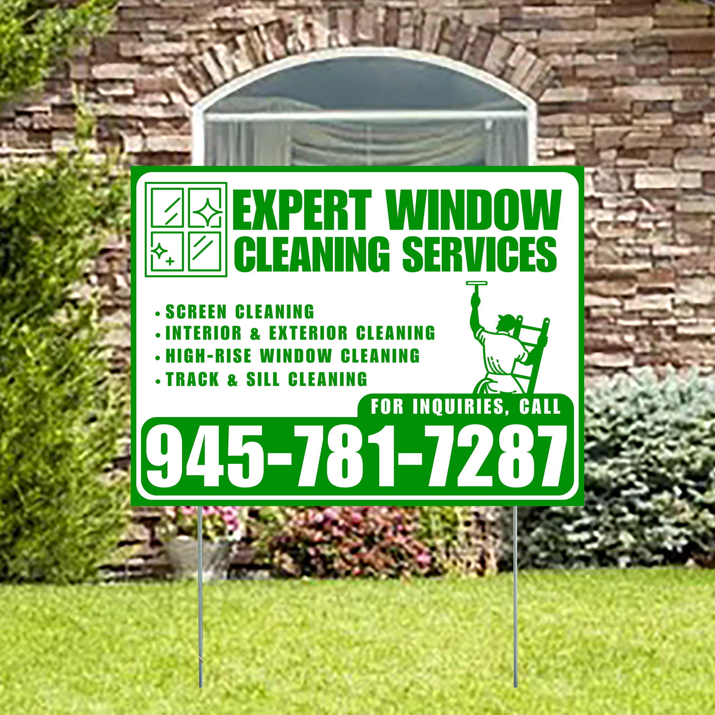 Expert Window Cleaning Services - Screen Cleaning, Interior & Exterior Cleaning, High-Rise Window Cleaning, Track & Sill Cleaning - Plain Green White Design - YardSigns.com