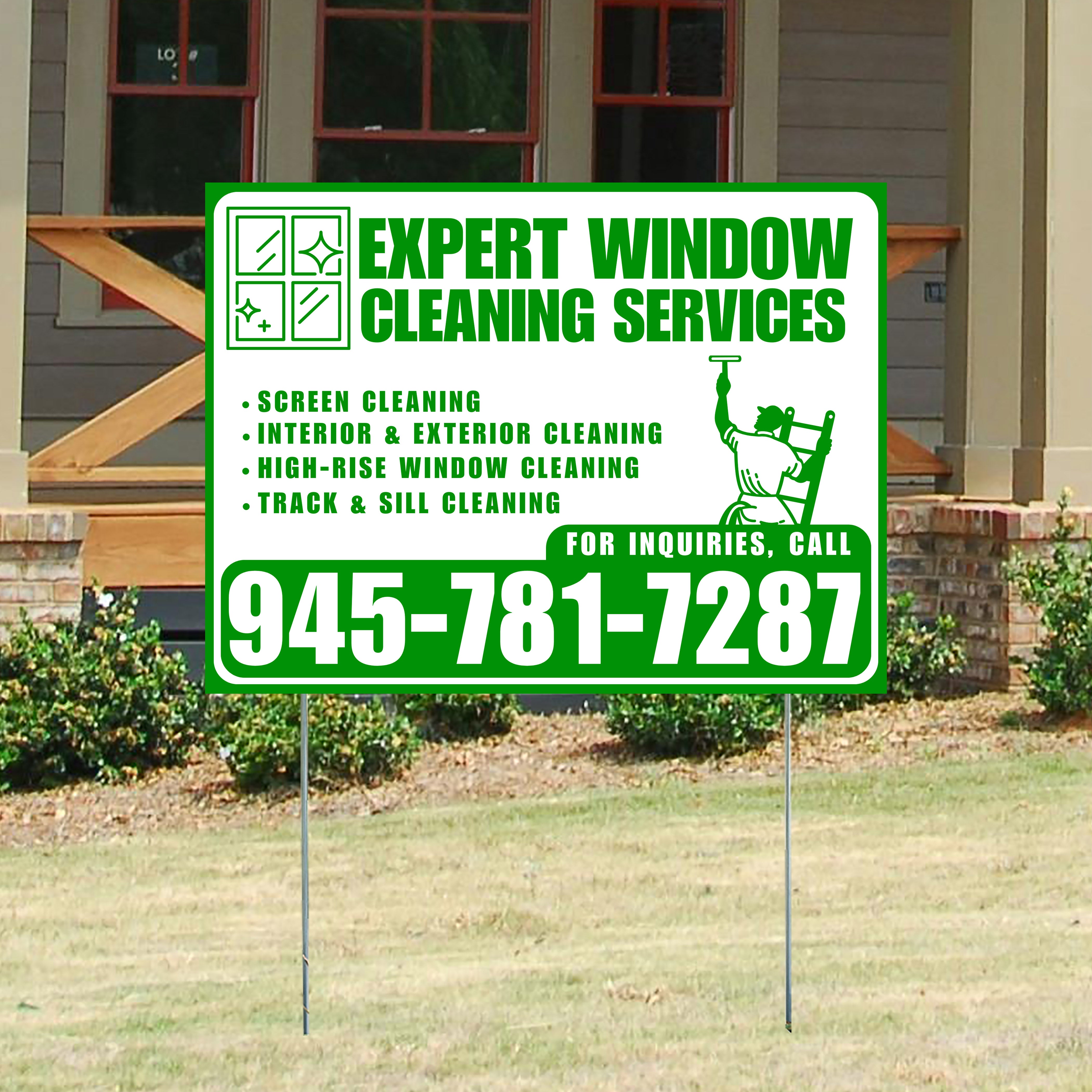 Expert Window Cleaning Services - Screen Cleaning, Interior & Exterior Cleaning, High-Rise Window Cleaning, Track & Sill Cleaning - Plain Green White Design - YardSigns.com