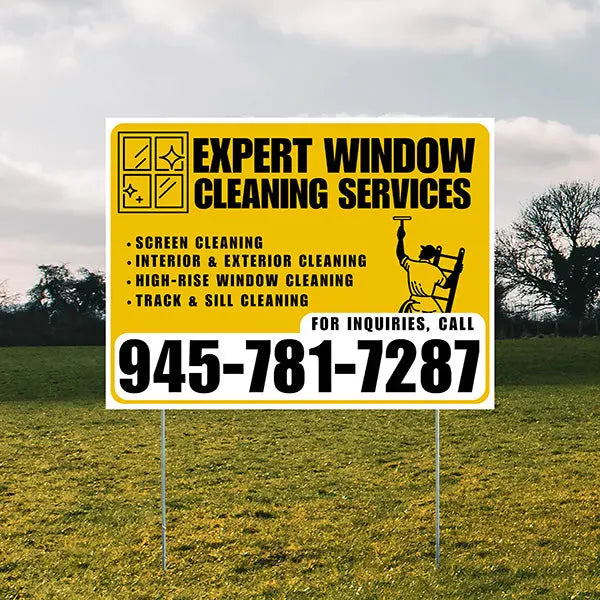 Expert Window Cleaning Services - Screen Cleaning, Interior & Exterior Cleaning, High-Rise Window Cleaning, Track & Sill Cleaning - Plain Mustard Gold White Design YardSigns.com