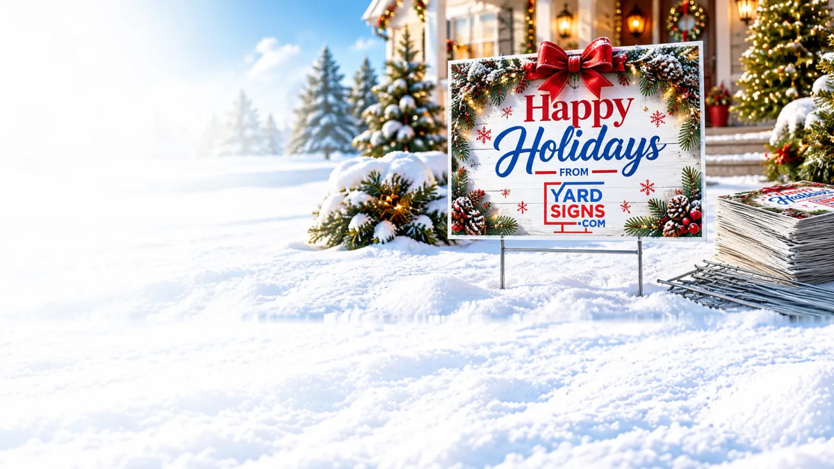 A festive holiday yard sign displayed in a snowy outdoor setting in front of a decorated house. The sign features a white background with 'Happy Holidays' in blue script, decorated with red bows, snowflakes, and green pine branches.
